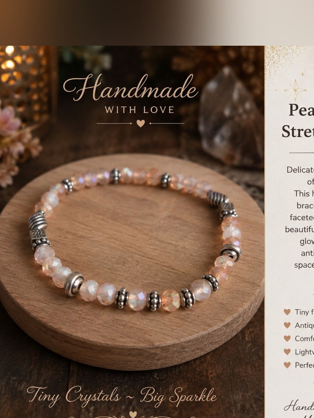 Handmade Peach Crystal Stretch Bracelet with Silver Accents